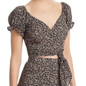 Flynn Skye Black and Cream Floral Wrap Crop Top